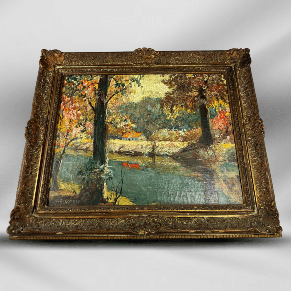 18th Century Oil Paint Tree & River Nature On Canvas