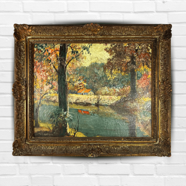 1800 Century Oil Paint Tree & River Nature On Canvas