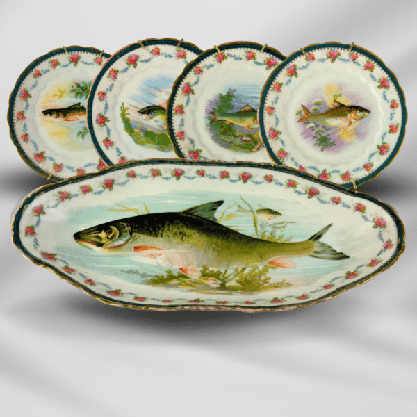 1800th Century Austria Hand painted Fish Porcelain Platter Set 12 plate