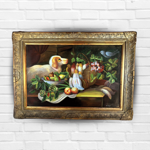 Vintage Gold Color Framed Still Life Dog Birds & Fruit Oil Painting On Wood
