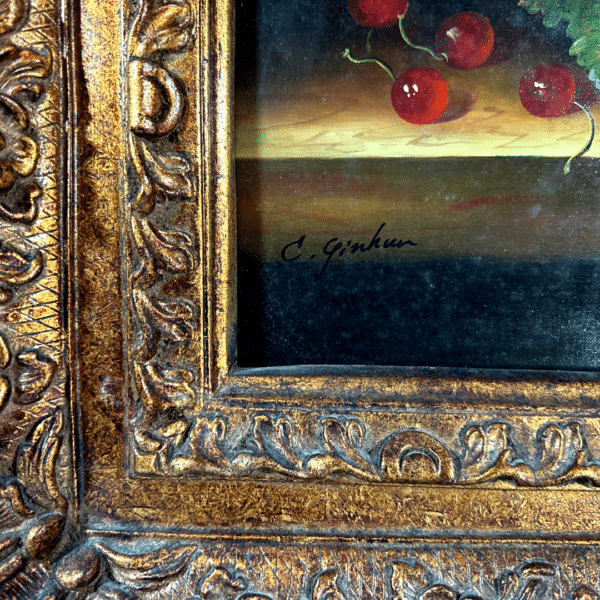 Vintage Bronze Frame Original Oil Painting On Canvas Fruit Table Singed