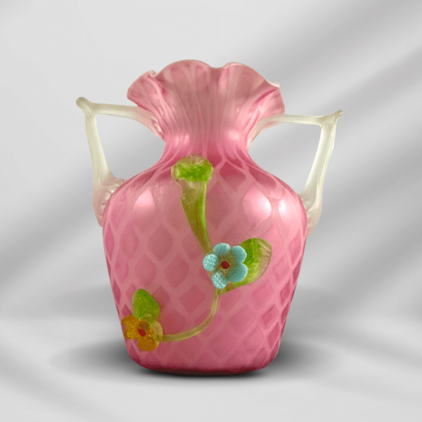 Vintage Pink Diamond Quilt Art Hand Blown Glass Vase