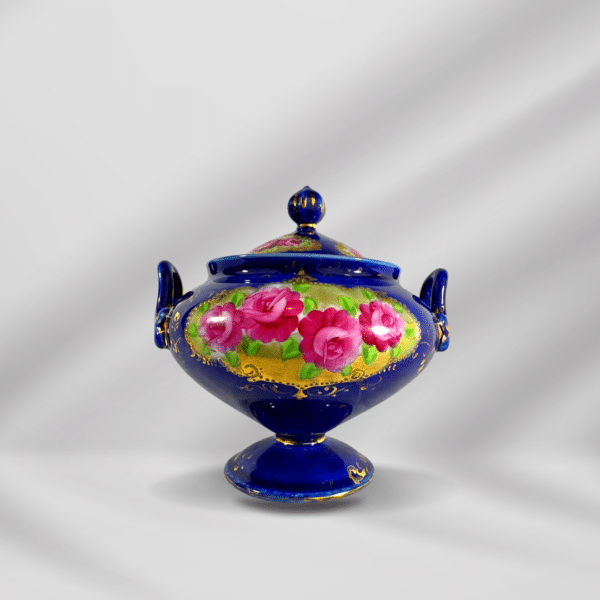 Vintage Porcelain vase Cobalt Blue & Gold Accent & Red Roses