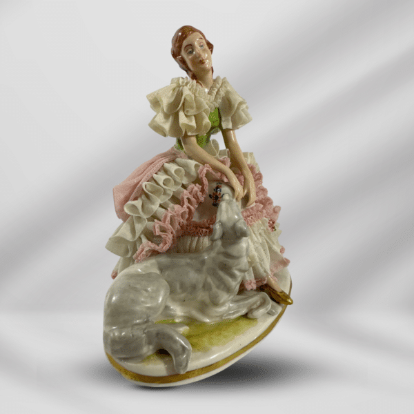 intage German Dresden Hand Painted Porcelain Statue Of Woman & Dog