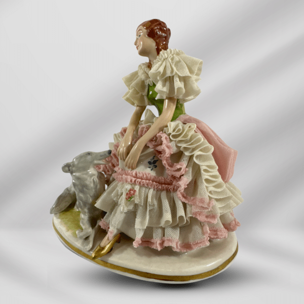 intage German Dresden Hand Painted Porcelain Statue Of Woman & Dog