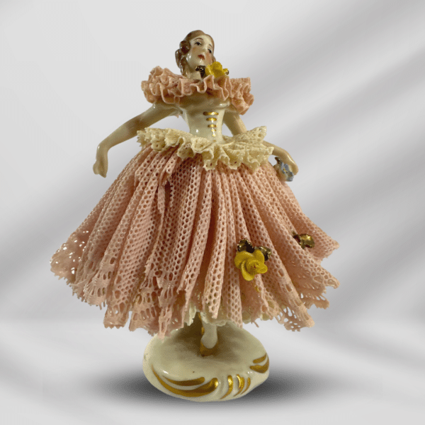 Vintage German Dresden Hand Painted Porcelain Statue Of Woman Pink Dress