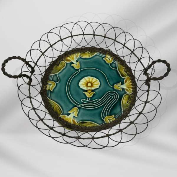 Antique Art Nouveau Teal & Gold Floral Plate In Handwoven Wire Basket