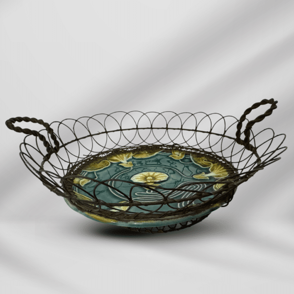 Antique Art Nouveau Teal & Gold Floral Plate In Handwoven Wire Basket
