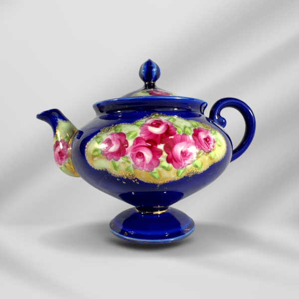 Vintage Hand Painted Cobalt Blue With Roses And Gold Accent Teapot