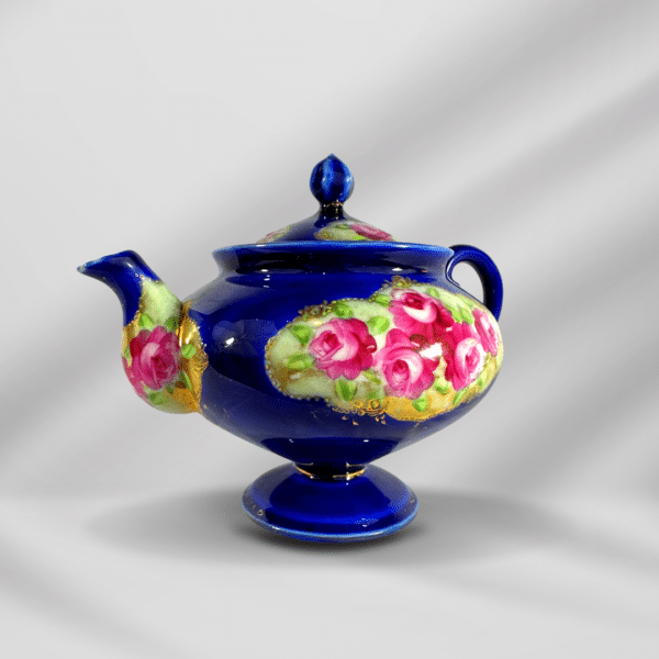 Vintage Hand Painted Cobalt Blue With Roses And Gold Accent Teapot