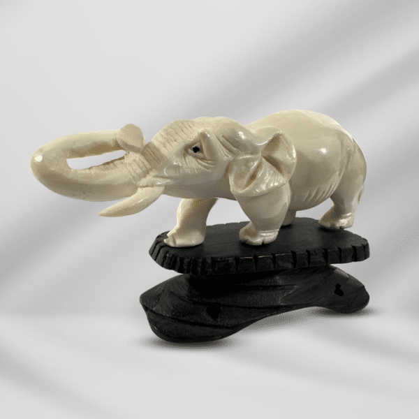 Vintage Detailed Craved Ivory Elephant On Wood Stand