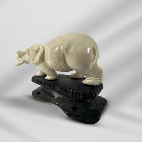 Vintage Detailed Craved Ivory Elephant On Wood Stand