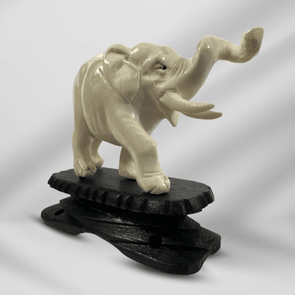 Vintage Beautiful Craved Ivory Happy Elephant On Wood Stand