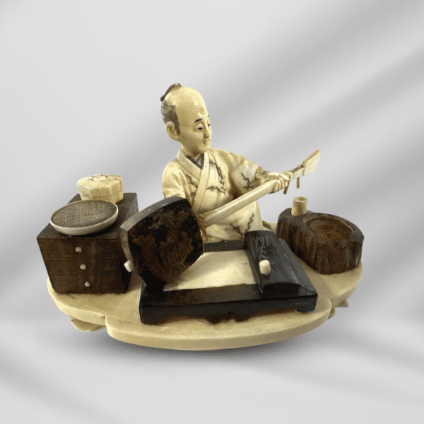 Antique Handcraft Very Detailed Craved Ivory Chinese Man Playing Instrument