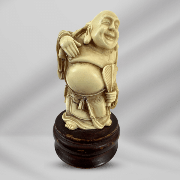 Antique Handcraft Craved Ivory Happy Standing Buddha On Wood Base