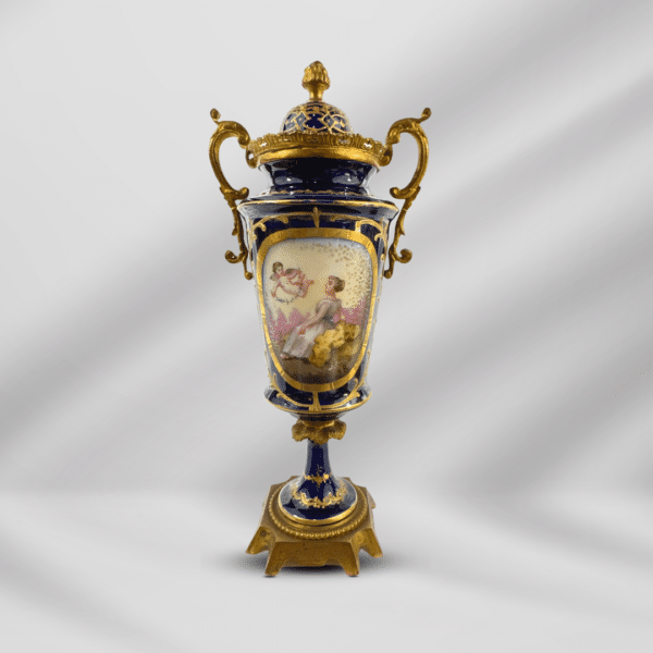 Pair Of Beautiful Antique Sevres Porcelain & Metal Cobalt Blue With Gold Accent Decorative Vase