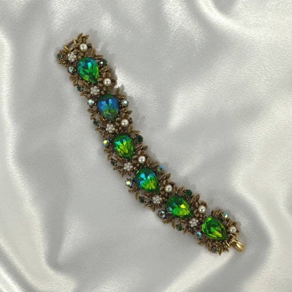 Fashion Jewelry Vintage Florenza Pearl & Green Crystal Set Of Bracelet & Brooch & Earrings