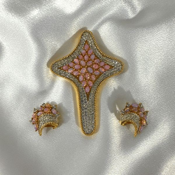 Unique Christian Jewelry Stunning Vintage Marked Jomaz Pink & Clear Crystal Set Of Pedant / Brooch Cross & Crown Earrings