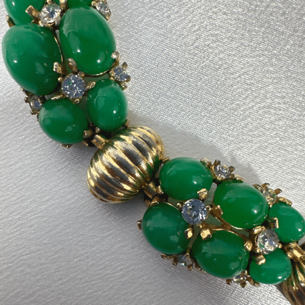 Unique Jewelry , Vintage Jade Cabochons & Clear Rhinestone Boucher Bracelet & Earrings