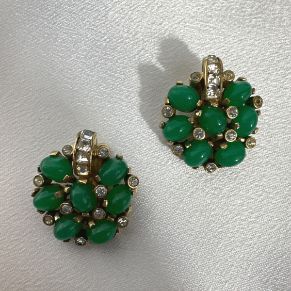Unique Jewelry , Vintage Jade Cabochons & Clear Rhinestone Boucher Bracelet & Earrings