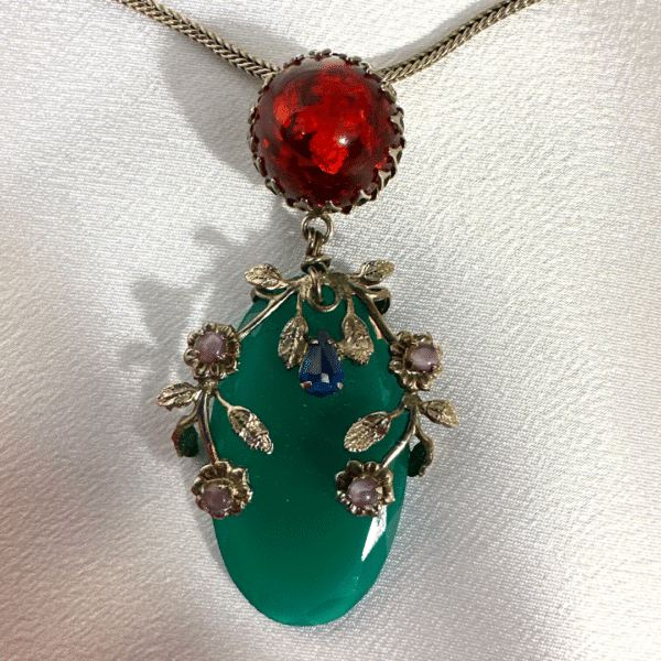 Unique Jewelry , Vintage Jade Cabochons & Multi Color Gemstone Schreiner NY Long Pendant / Brooch Necklace