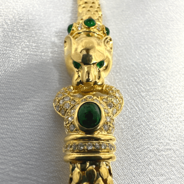 Stunning Diamond & Emerald Gemstone 18K Yellow Gold Jaguar Bracelet Made in Italy