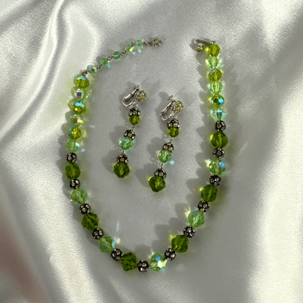 Antique Necklace Vintage Vendome Set Of Earring & Necklace Green Crystal & Dimond