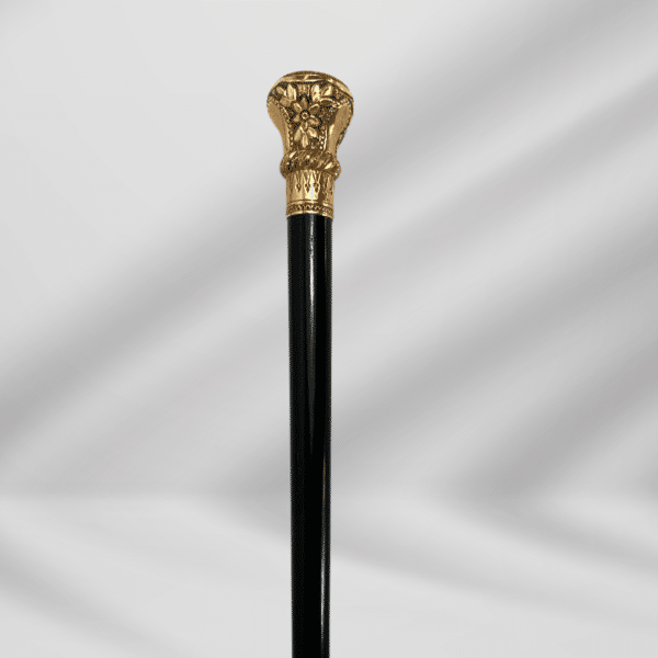 Antique Carved Gold Plate Knob Handle Walking Stick Cane Black