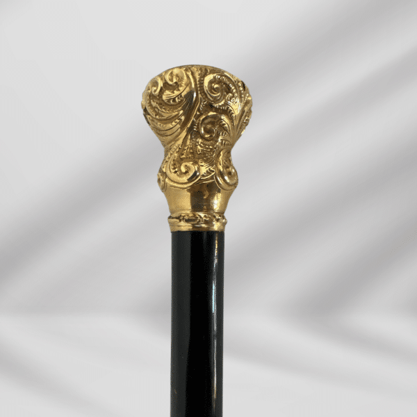 Antique Carved Gold Plate & Burgundy Stone Knob Handle Walking Stick Cane Black
