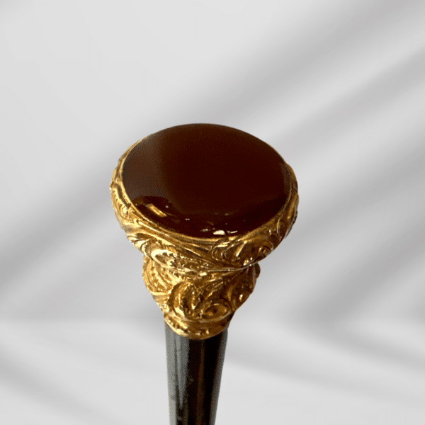 Antique Carved Gold Plate & Burgundy Stone Knob Handle Walking Stick Cane Black