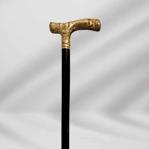 Antique Carved Gold Plate Knob Handle Skinner Walking Stick Cane Black Signed In 1860