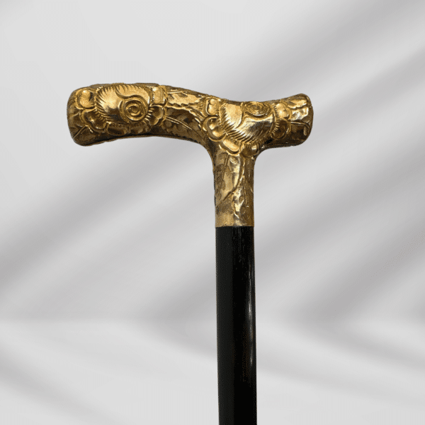 Antique Carved Gold Plate Knob Handle Skinner Walking Stick Cane Black Signed In 1860