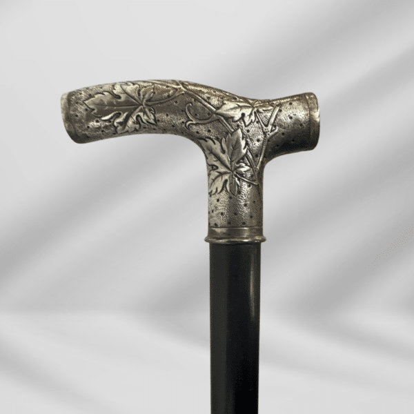Antique Carved Silver Plate Knob Handle  Walking Stick Cane Black Signed In 1875