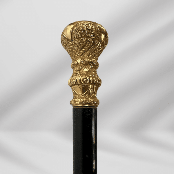 Elegant Antique Carved Gold Plate Knob Handle Walking Stick Cane Black