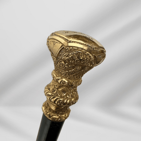 Elegant Antique Carved Gold Plate Knob Handle Walking Stick Cane Black