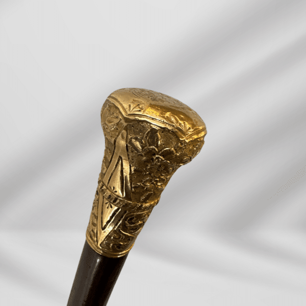 Elegant Antique Carved Gold Plate Knob Handle Unique Walking Stick Cane Brown