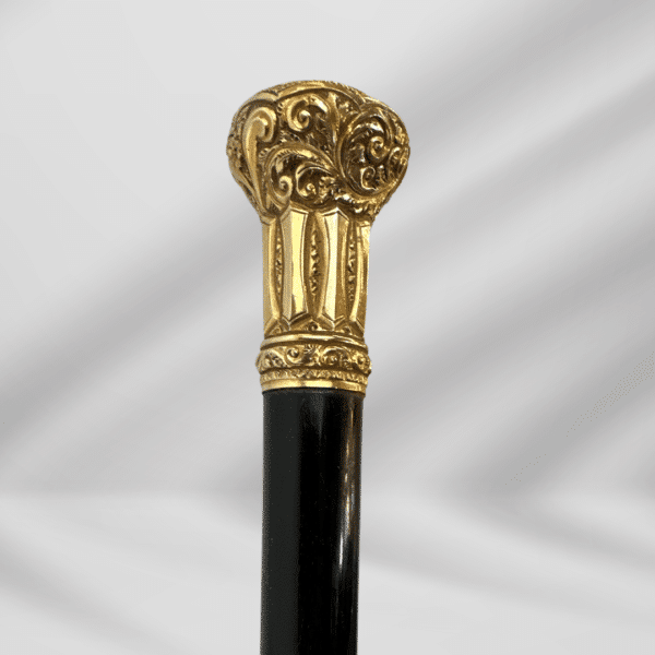 Elegant Antique Carved Gold Plate Knob Handle Unique Walking Stick Cane Brown