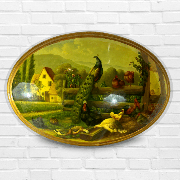 Antique Vintage Oval Painting On Convex Canvas Gilt wood Framed Hand Painting Birds Life Still