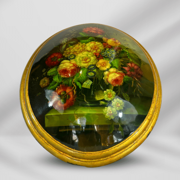 Antique Vintage Art Oval Painting On Convex wood Canvas Gilt wood Framed Flowers