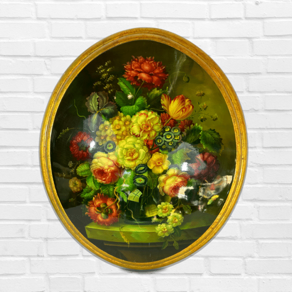 Antique Painting On Wood Oval Painting On Convex Canvas Gilt wood Framed Flowers Life Still