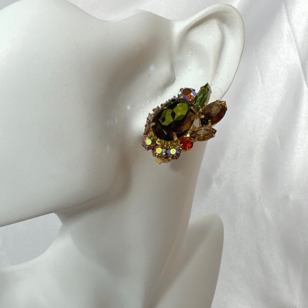 Vintage Earrings Unsigned Julianna Beautiful Red, Brown & Green Rhinestone Fashion Earrings Clip on