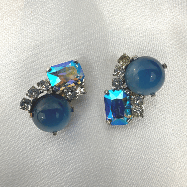 Signed Jomaz Earrings Vintage Blue Cabstone & Clear & Rainbow Rhinestone Clip on Earrings