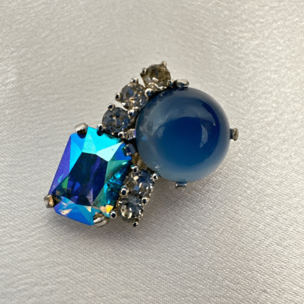 Signed Jomaz Earrings Vintage Blue Cabstone & Clear & Rainbow Rhinestone Clip on Earrings