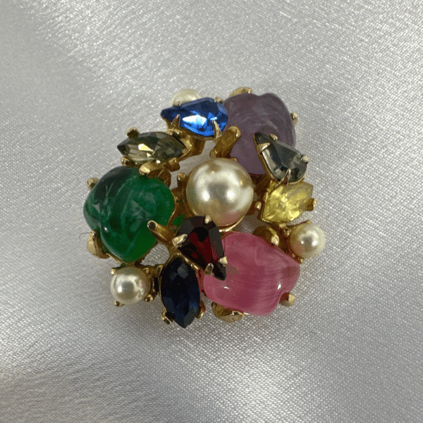 Singed Ballet Rare Unique Vintage Multi Color Stone & Pearl Clip On Earrings