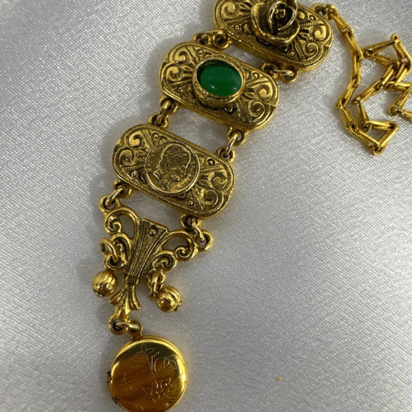 Vintage Y-Drop Pendant Locket Necklace With Green Stone