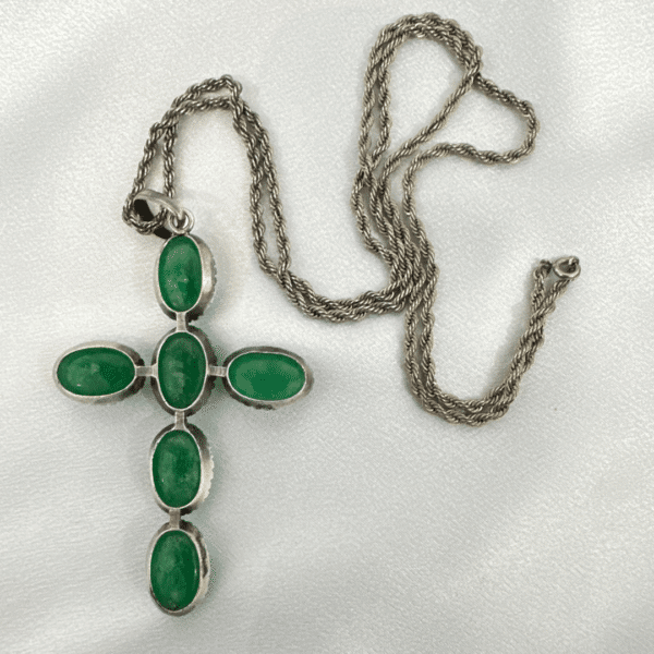 Vintage Green Glass Cross Pendant Silver Chain Necklace Vintage Silver Cross Necklace