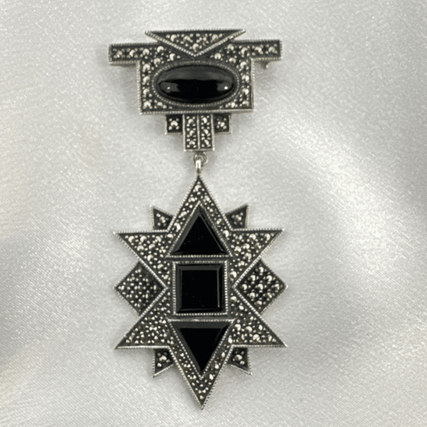 Beautiful Unique Sterling Silver With Onyx Crystal Drop Brooch Pin