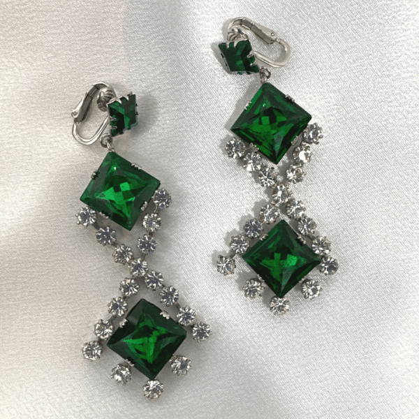 Schreiner Signed Green And Crystal Vintage Dangle Drop Earrings Vintage Fashion Earrings
