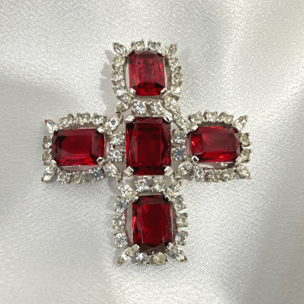 Jomaz Signed Stunning Red & Clear Gemstone Sterling Silver Cross Vintage Brooch / Pendant / Christian Jewelry