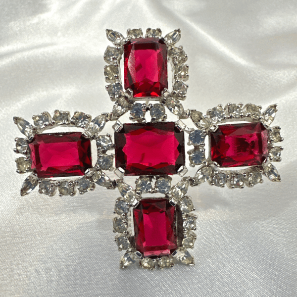 Jomaz Signed Stunning Red & Clear Gemstone Sterling Silver Cross Vintage Brooch / Pendant / Christian Jewelry